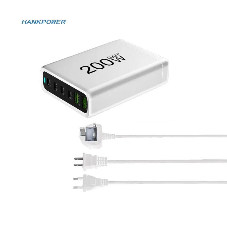 Cargador GaN de Escritorio 200W | Estación de Carga Rápida USB-C con PD & QC3.0 para Laptop, iPhone, Android y más