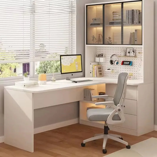 Home bedroom writing study table integrated bookshelf L-shaped wooden office computer desk with drawers