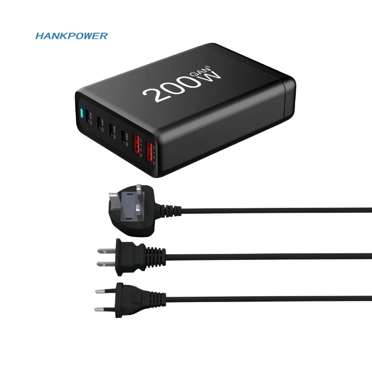Cargador GaN de Escritorio 200W | Estación de Carga Rápida USB-C con PD & QC3.0 para Laptop, iPhone, Android y más