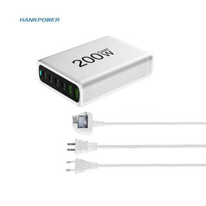 Cargador GaN de Escritorio 200W | Estación de Carga Rápida USB-C con PD & QC3.0 para Laptop, iPhone, Android y más