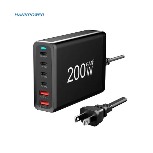 Cargador GaN de Escritorio 200W | Estación de Carga Rápida USB-C con PD & QC3.0 para Laptop, iPhone, Android y más