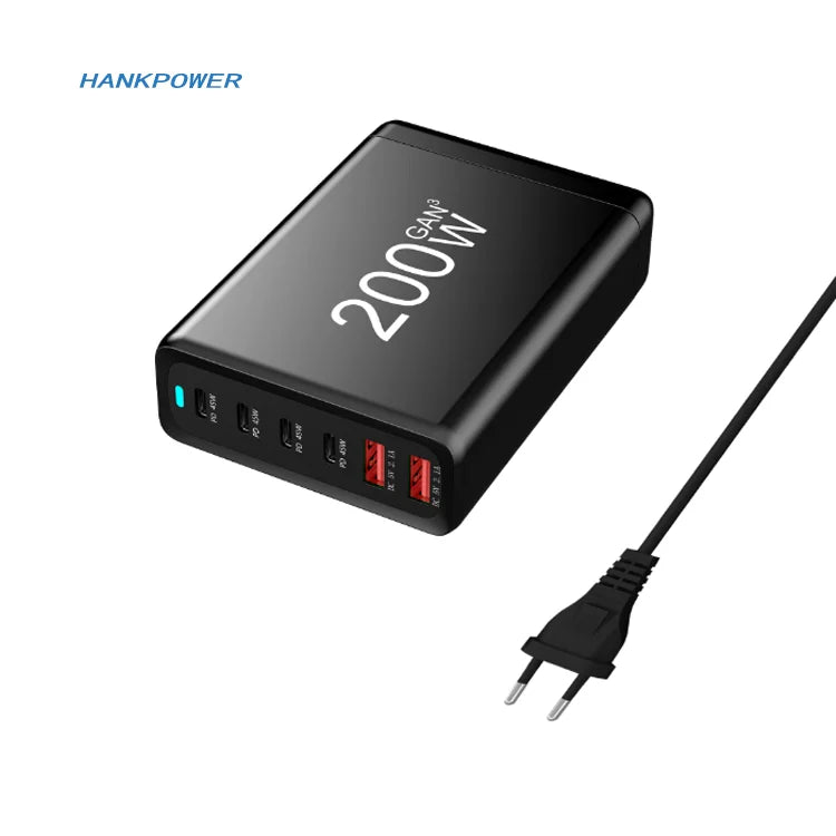 Cargador GaN de Escritorio 200W | Estación de Carga Rápida USB-C con PD & QC3.0 para Laptop, iPhone, Android y más