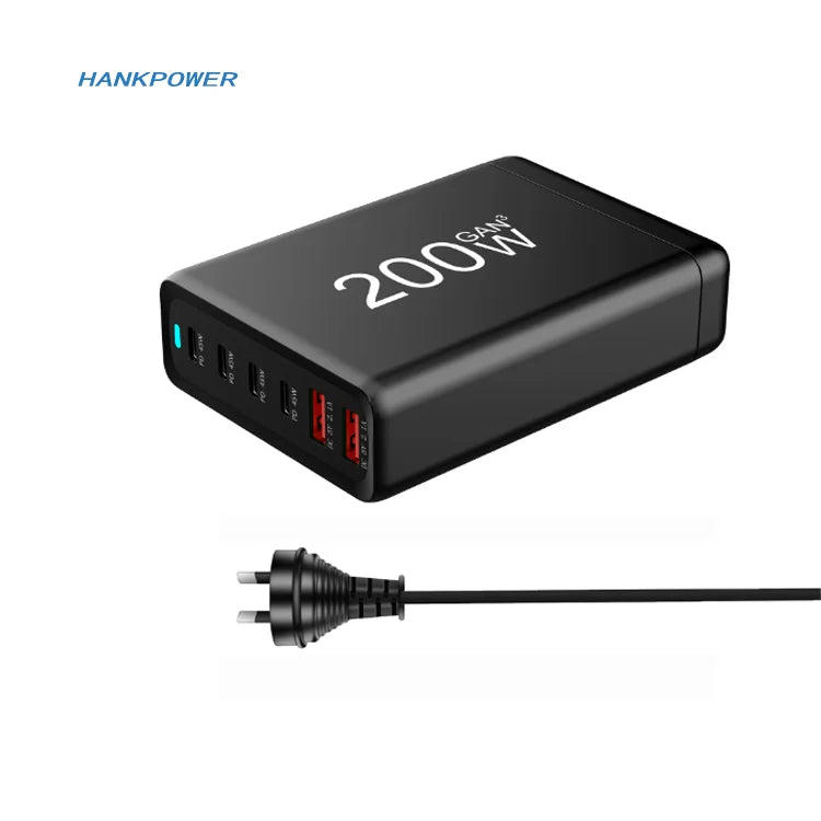 Cargador GaN de Escritorio 200W | Estación de Carga Rápida USB-C con PD & QC3.0 para Laptop, iPhone, Android y más