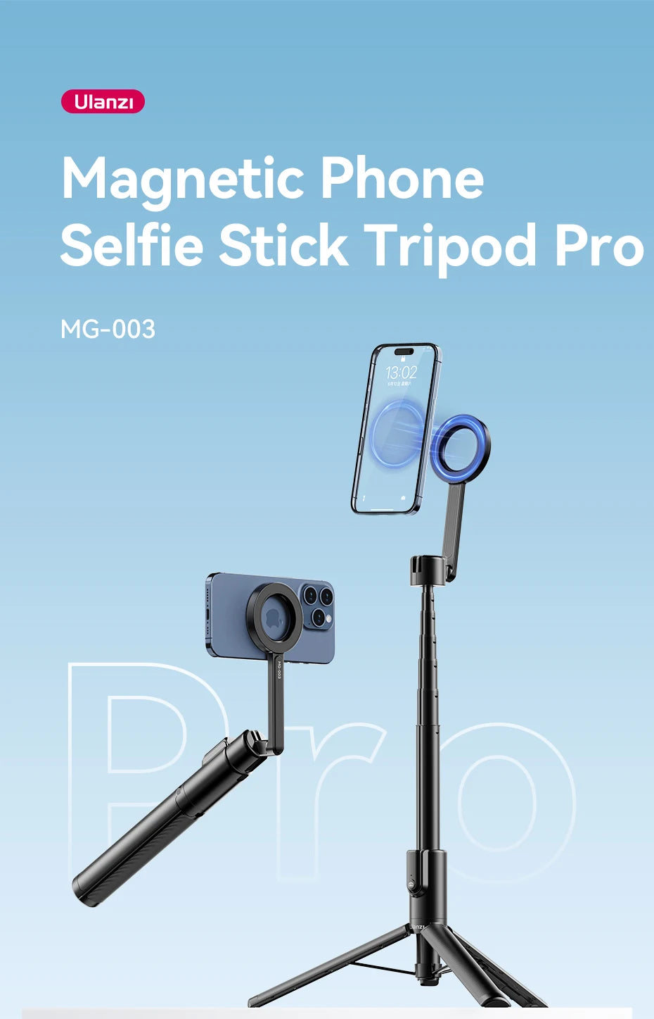 Ulanzi MG-003 Pro | Palo Selfie Trípode Magnético Extensible 1.36 m con Control Remoto Bluetooth para iPhone y Smartphones