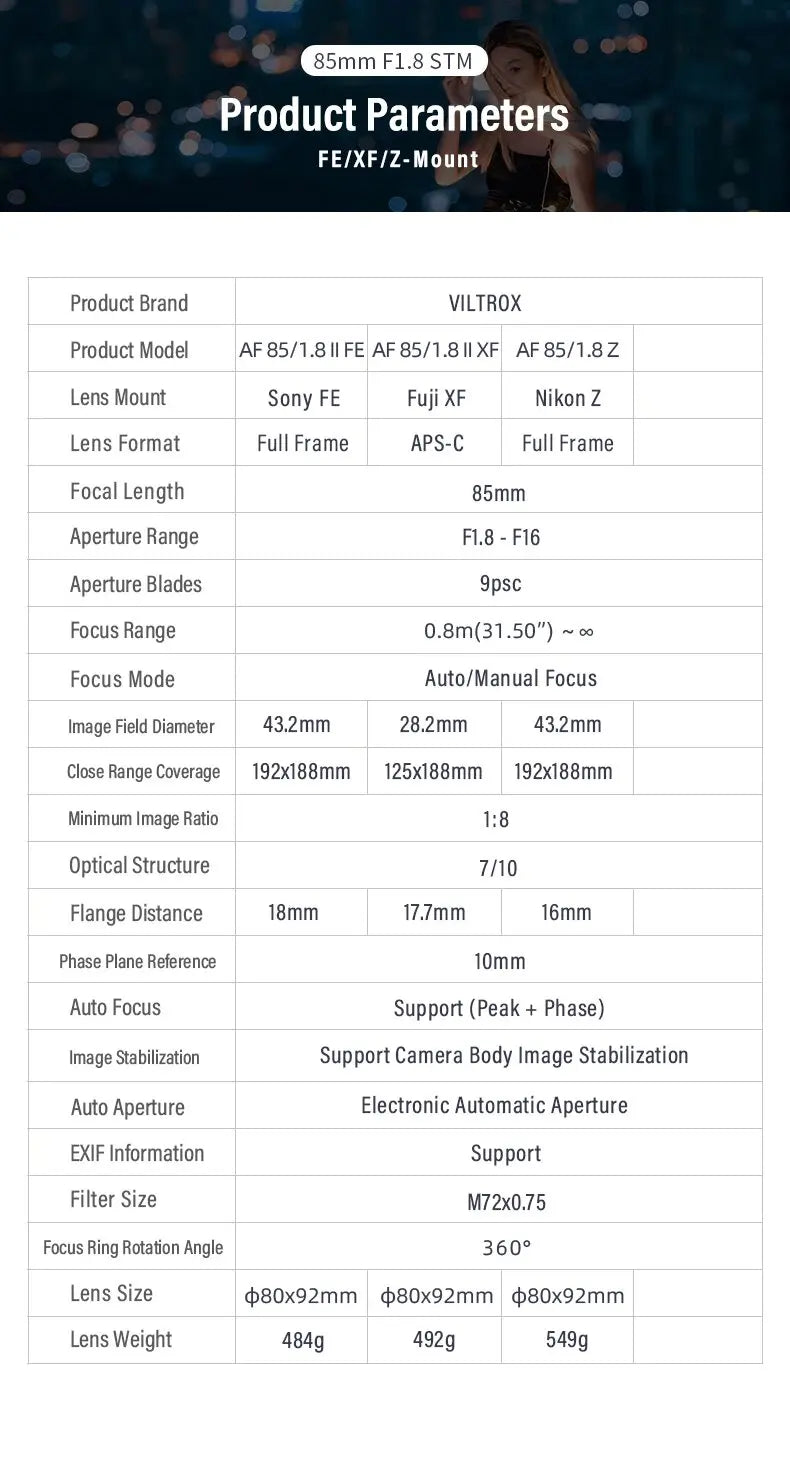 Viltrox 85mm f/1.8 II | Lente Teleobjetivo de Retrato con Autofoco para Sony E, Fujifilm X y Nikon Z Full Frame