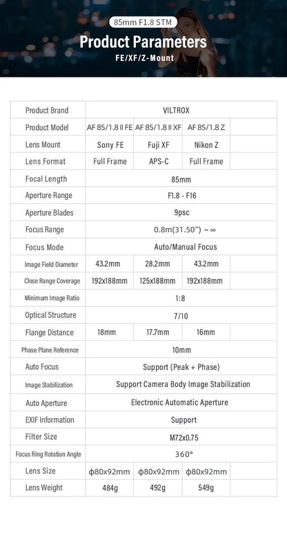 Viltrox 85mm f/1.8 II | Lente Teleobjetivo de Retrato con Autofoco para Sony E, Fujifilm X y Nikon Z Full Frame