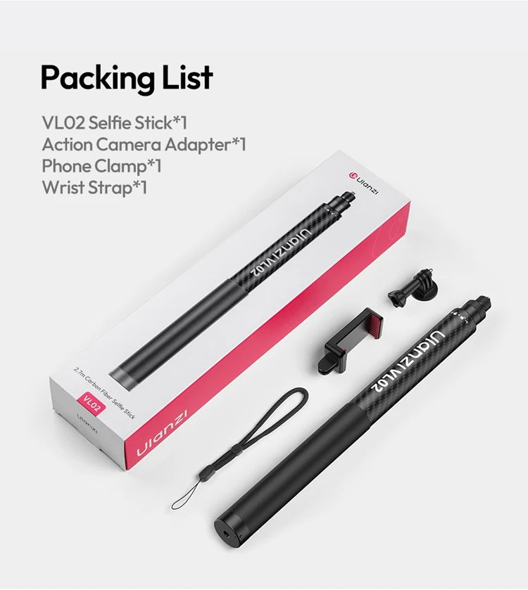Ulanzi VL02 | Palo Selfie Trípode Extensible 2.7M e Invisible para Smartphones, GoPro e Insta360