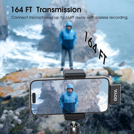 BOYA Omic D/U – Micrófono Lavalier Inalámbrico para iPhone (Lightning) y Android/USB-C (50m + Estuche de Carga)