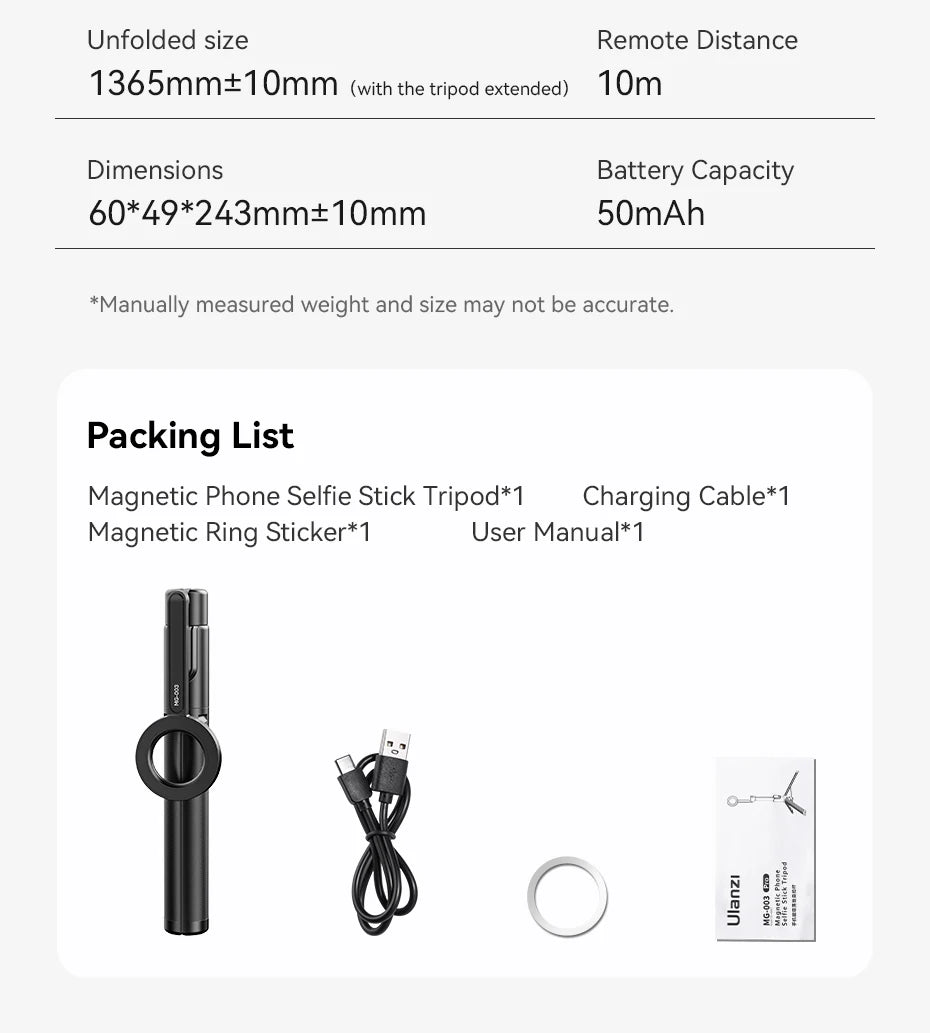 Ulanzi MG-003 Pro | Palo Selfie Trípode Magnético Extensible 1.36 m con Control Remoto Bluetooth para iPhone y Smartphones