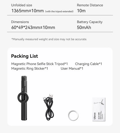 Ulanzi MG-003 Pro | Palo Selfie Trípode Magnético Extensible 1.36 m con Control Remoto Bluetooth para iPhone y Smartphones