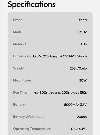 Ulanzi FM02 | Máquina de Humo Portátil Recargable con 3 Modos de Niebla para Fotografía y Video