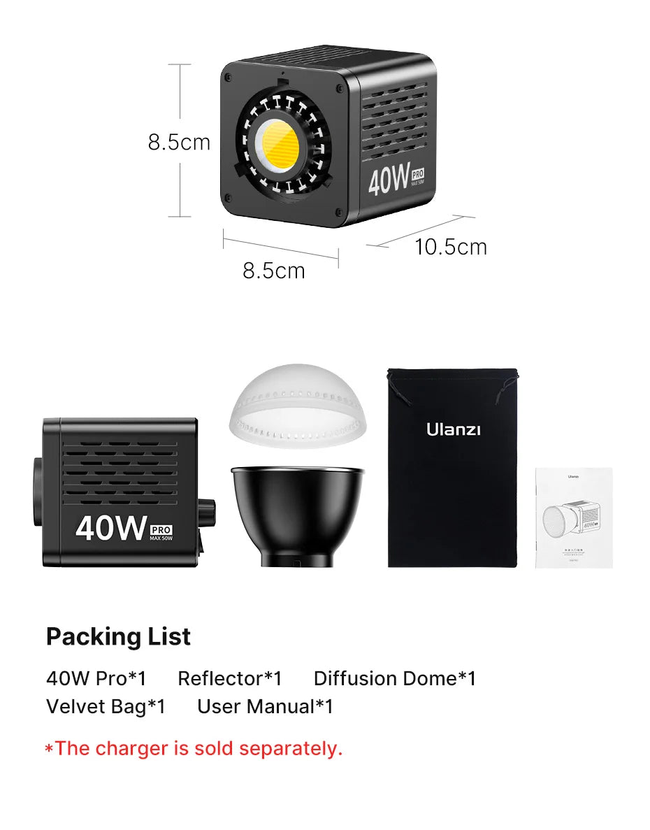 Ulanzi L023 40W Pro | Luz de Video COB Bi-Color 2500K-6500K con Montura Mini Bowens y Batería 3400mAh