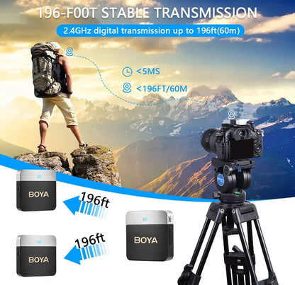 BOYA BY-M1V – Micrófono Lavalier Inalámbrico para iPhone, Android, PC y Cámaras (60m + Cancelación de Ruido)