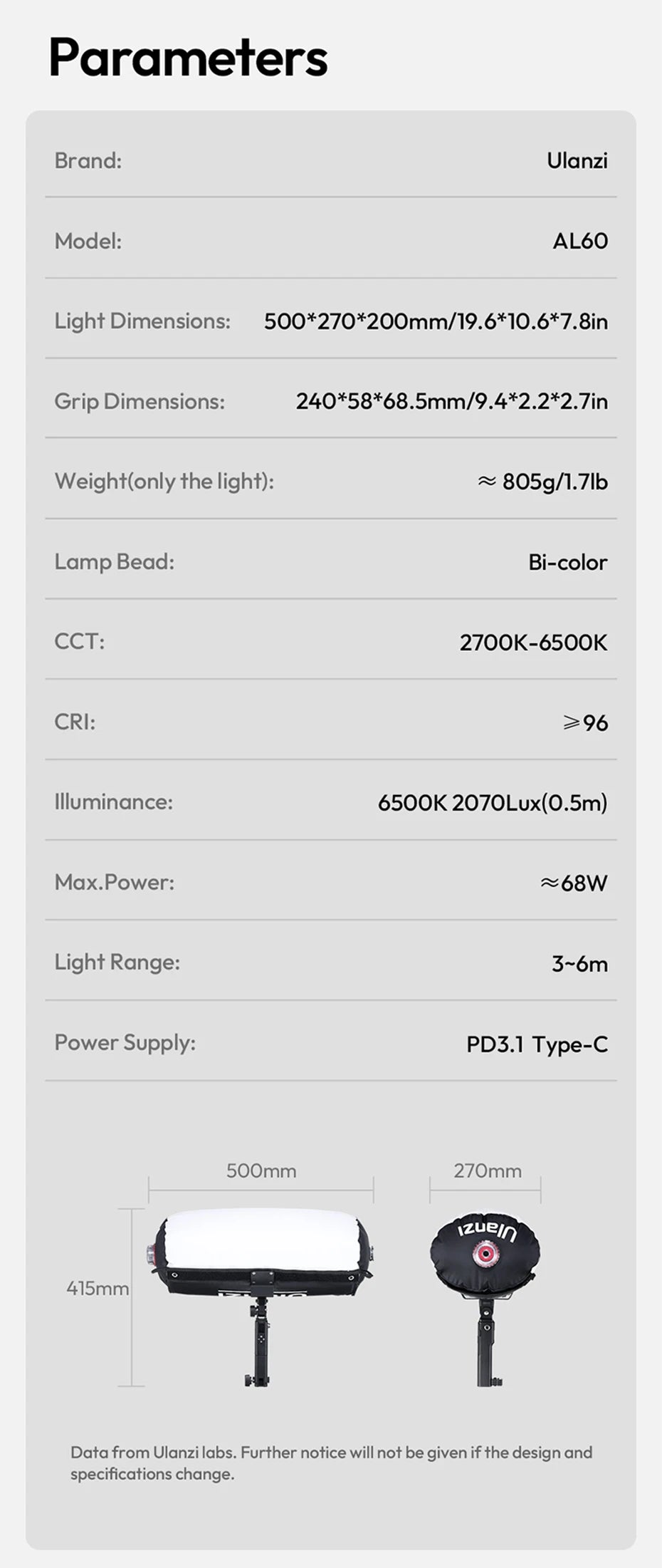 Ulanzi AL60/AL120 | Luz LED Inflable Portátil Bi-Color 2700K-6500K con Control por APP y Asa de Transporte