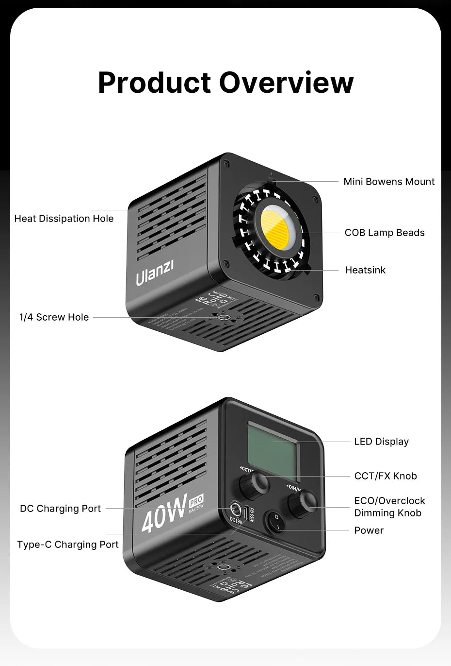 Ulanzi L023 40W Pro | Luz de Video COB Bi-Color 2500K-6500K con Montura Mini Bowens y Batería 3400mAh