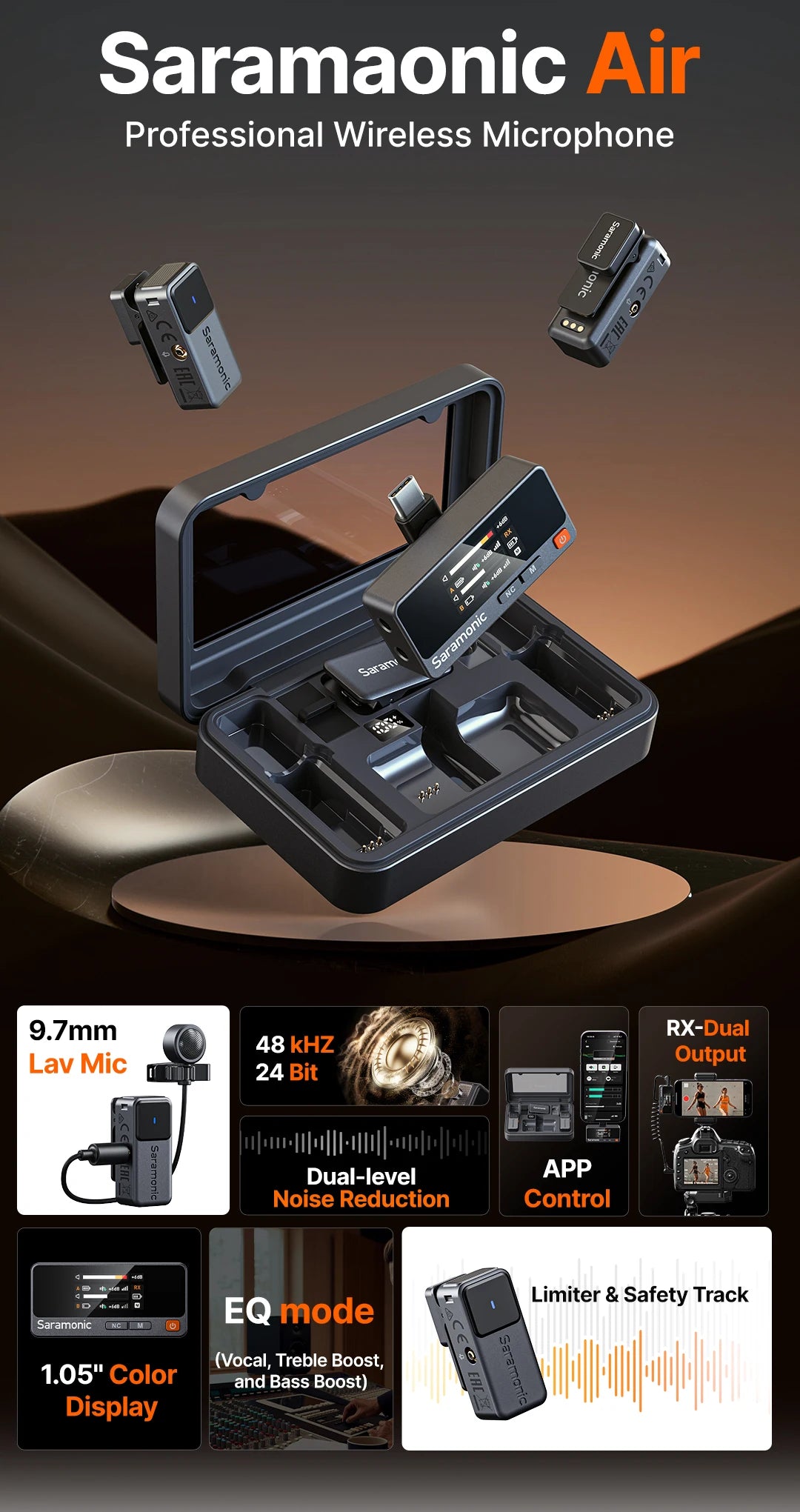 Saramonic Air Wireless Lavalier Microphone Noise Cancelling Lapel Mic for iPhone 15/16 Android Smartphone Camera Vlog Youtube