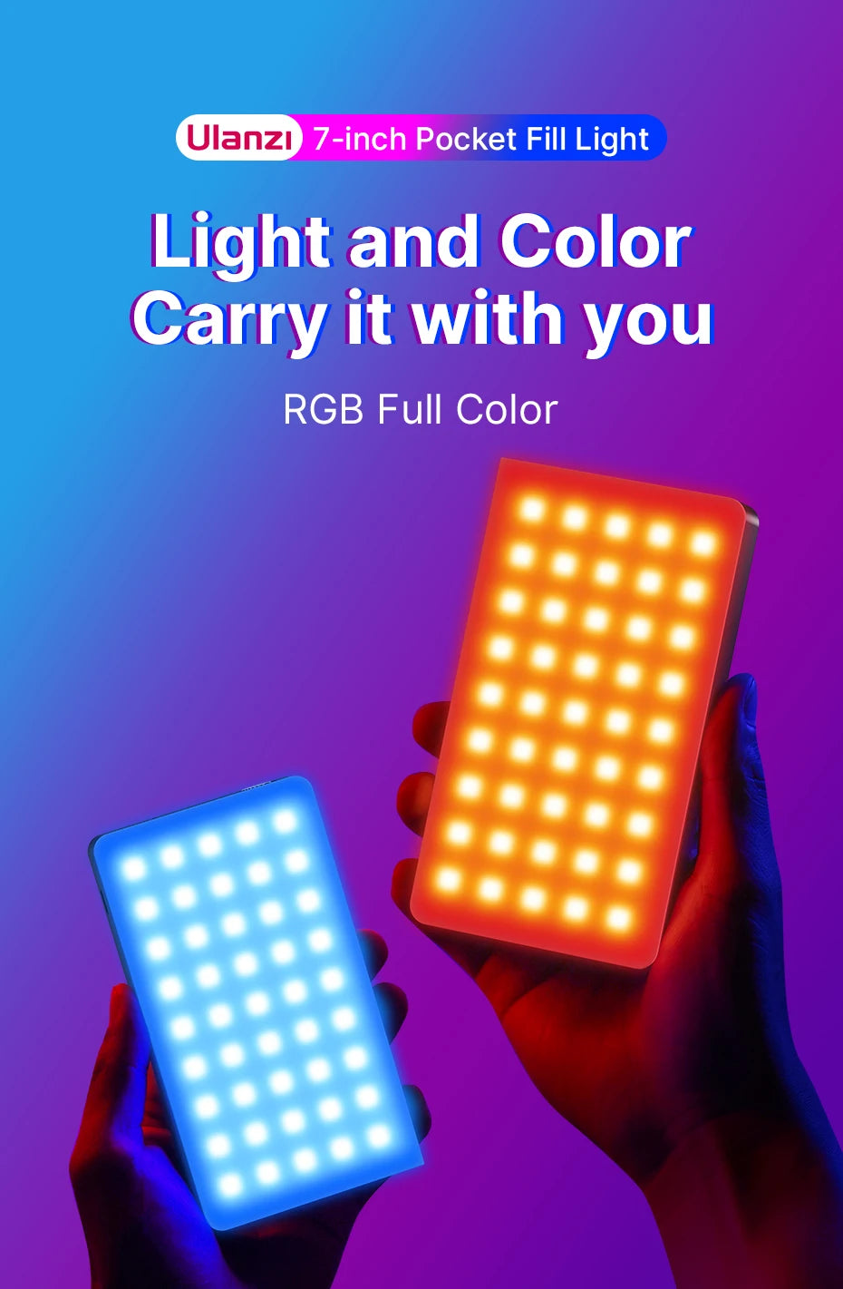 Ulanzi LT002 | Luz de Relleno LED RGB de 7” con Panel Full Color 2500K-8500K CRI 95+