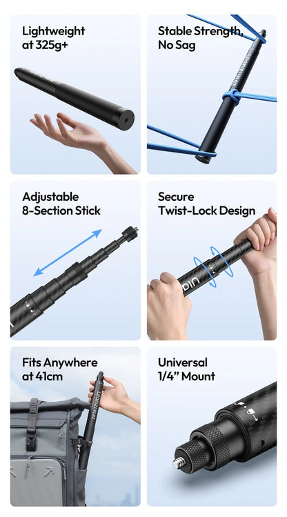 Ulanzi VL02 | Palo Selfie Trípode Extensible 2.7M e Invisible para Smartphones, GoPro e Insta360
