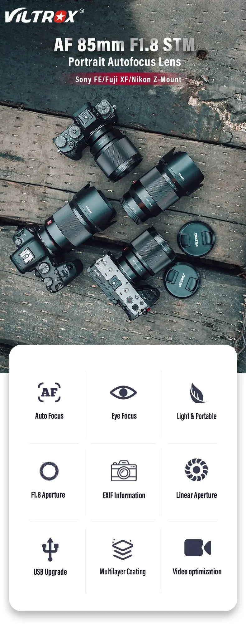 Viltrox 85mm f/1.8 II | Lente Teleobjetivo de Retrato con Autofoco para Sony E, Fujifilm X y Nikon Z Full Frame