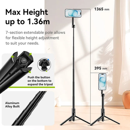 Ulanzi MG-003 Pro | Palo Selfie Trípode Magnético Extensible 1.36 m con Control Remoto Bluetooth para iPhone y Smartphones