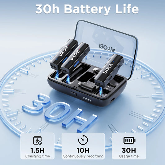 BOYA BOYALINK 2 – Micrófono Lavalier Inalámbrico (300m, 24bit, con Estuche de Carga) para iPhone, Android y Cámaras DSLR