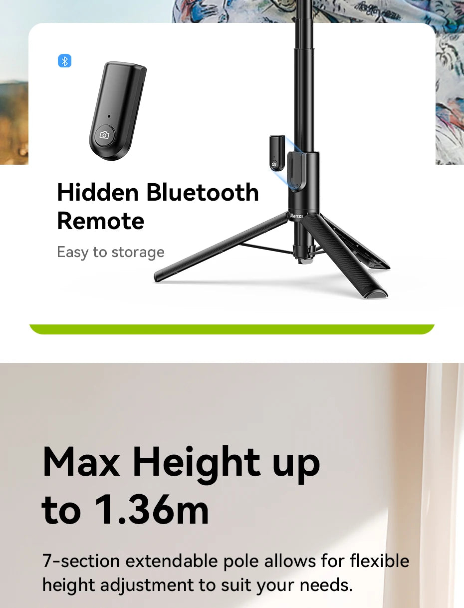 Ulanzi MG-003 Pro | Palo Selfie Trípode Magnético Extensible 1.36 m con Control Remoto Bluetooth para iPhone y Smartphones