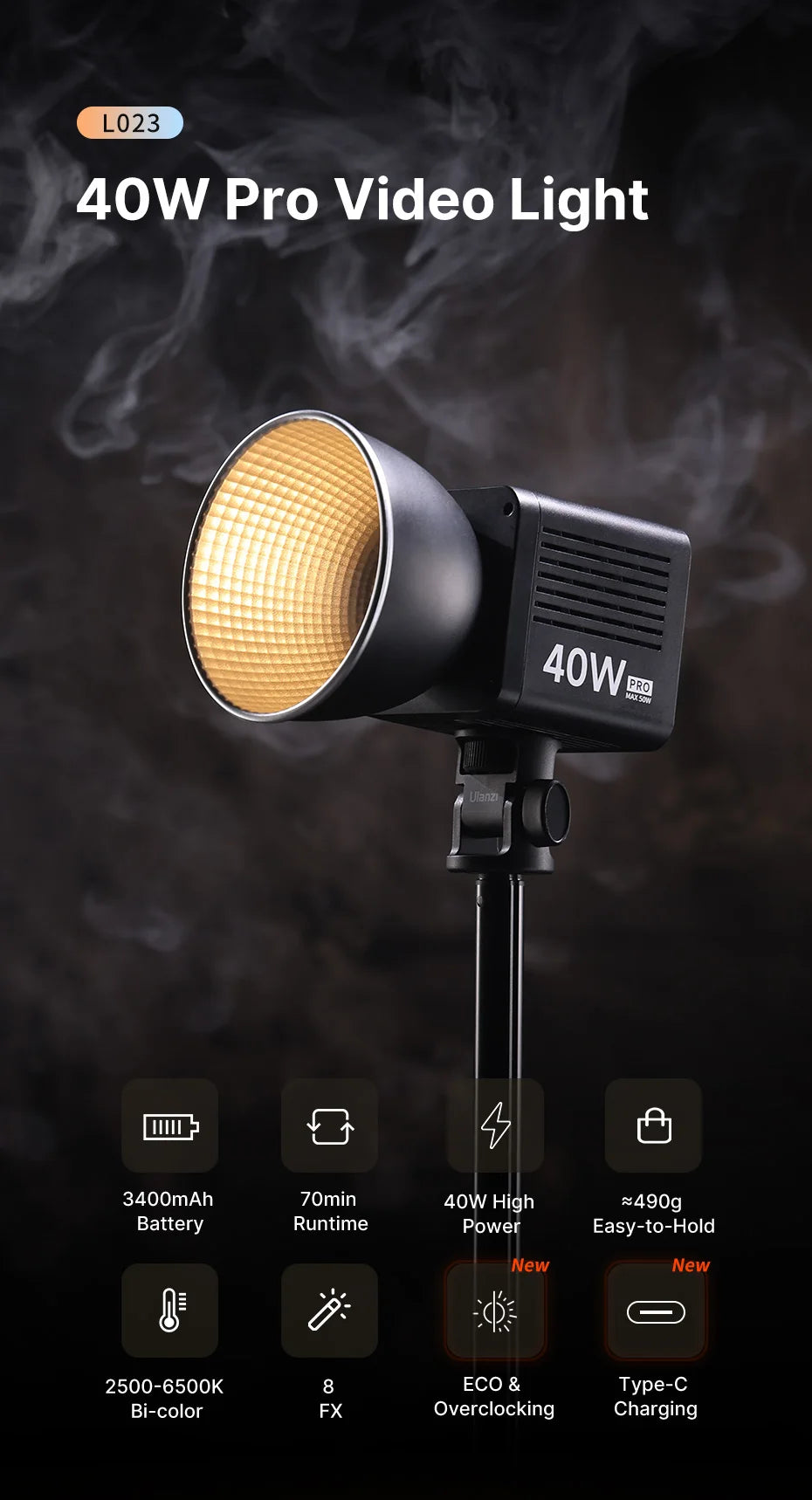 Ulanzi L023 40W Pro | Luz de Video COB Bi-Color 2500K-6500K con Montura Mini Bowens y Batería 3400mAh